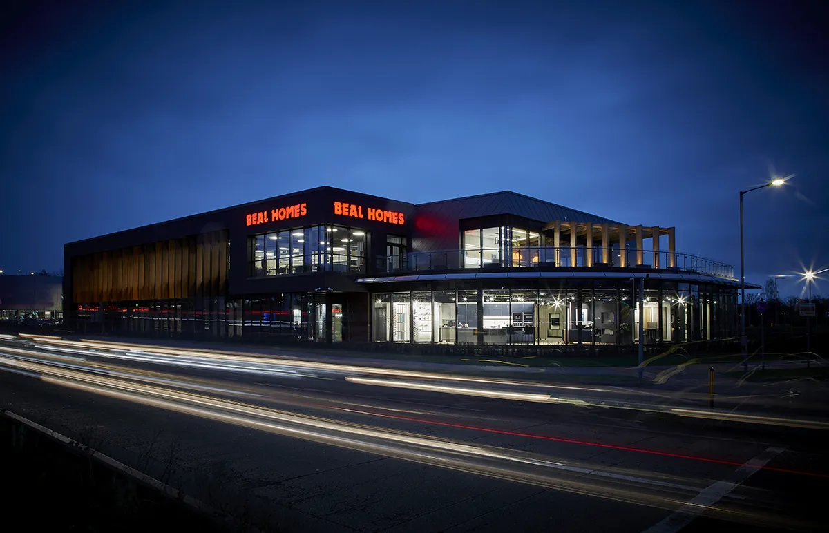 Beal Homes Building with glowing signs